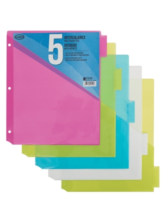 Séparateurs 5 onglets Géo en plastique avec pochettes