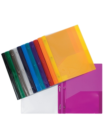 Duo-tang de plastique translucide avec 1 pochette couleurs assorties