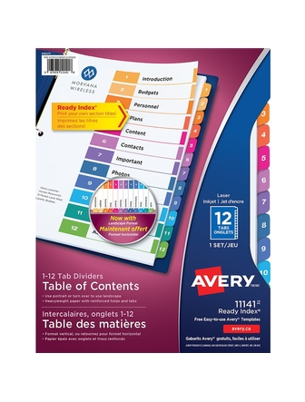 Séparateurs 12 onglets Avery numérotés de 1 à 12 en carton