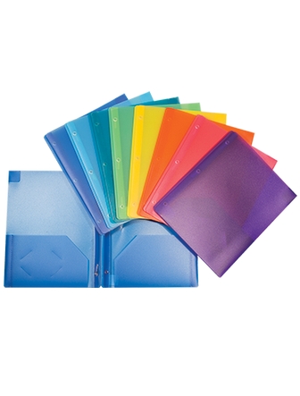 Duo-tang de plastique translucide avec pochettes couleurs assorties