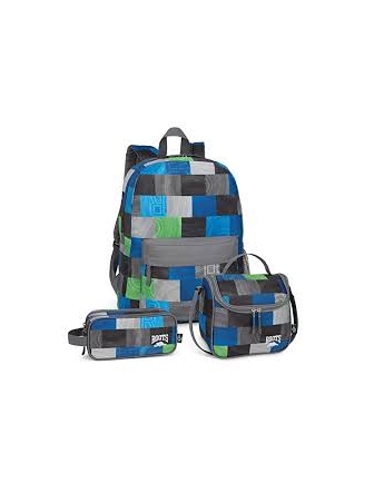 Ensemble Roots sac à dos, étui à crayons et boîte à lunch bleu gris damier