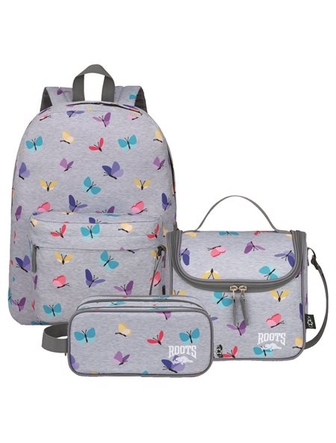 Ensemble Roots sac à dos, étui à crayons et boîte à lunch gris papillon