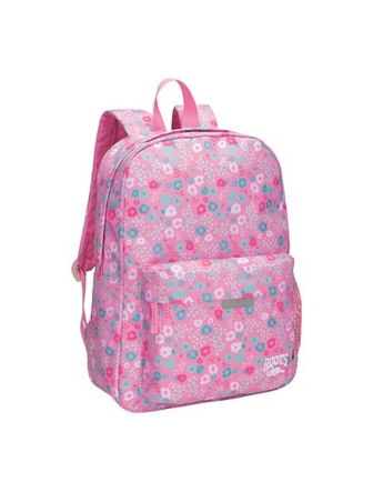 Sac à dos Roots rose avec fleurs bleues à deux compartiments